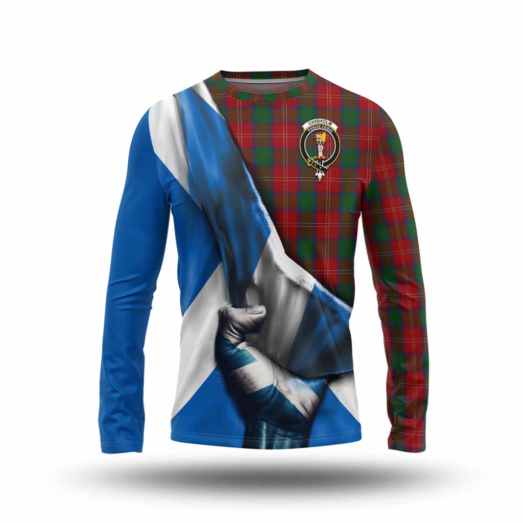 Tartan Vibes Clothing Chisholm Tartan Long Sleeve T-Shirt with Family Crest Scotland Patriotic Style