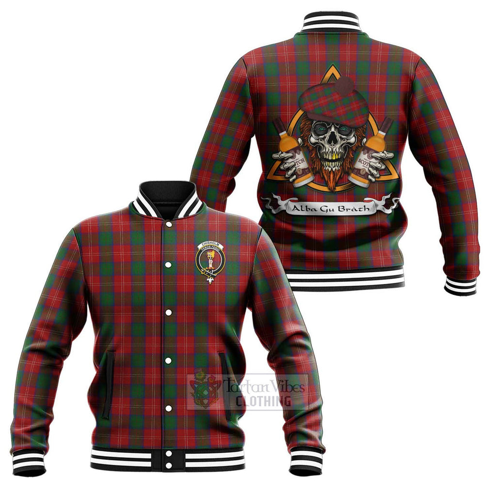 Tartan Vibes Clothing Chisholm Tartan Baseball Jacket with Family Crest and Bearded Skull Holding Bottles of Whiskey