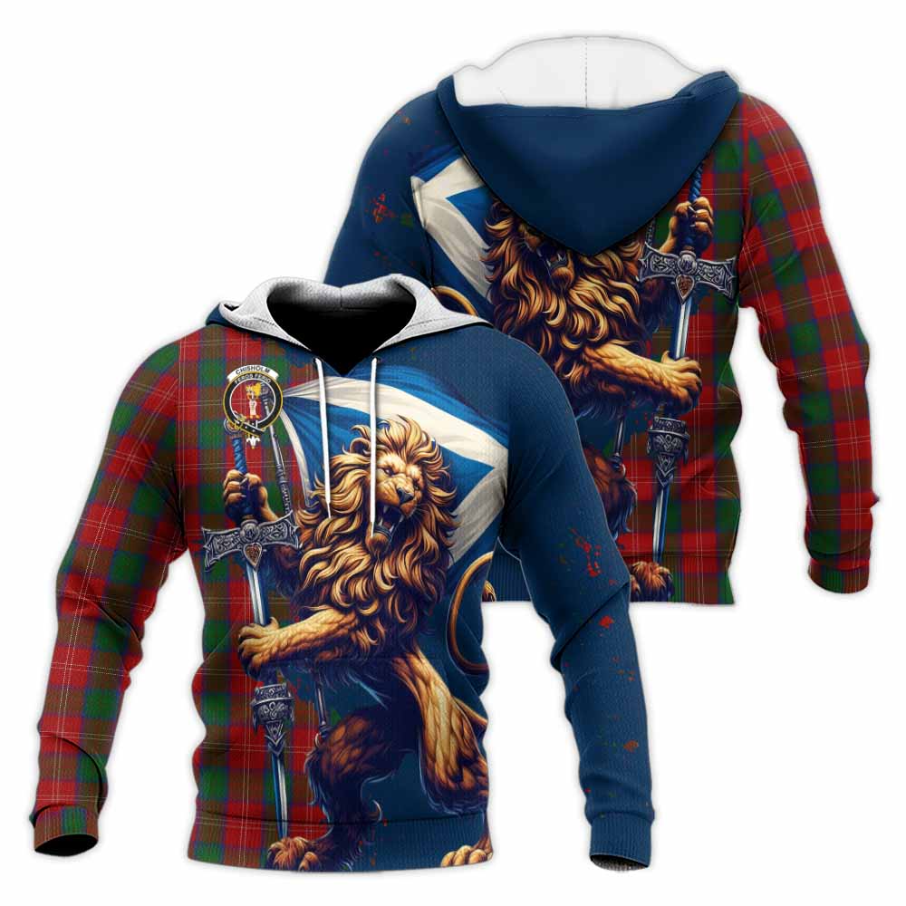 Tartan Vibes Clothing Chisholm Tartan Family Crest Knitted Hoodie with Scottish Majestic Lion