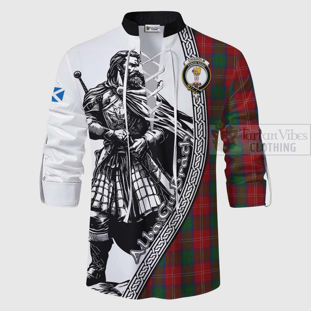 Tartan Vibes Clothing Chisholm Tartan Clan Crest Ghillie Kilt Shirt with Highlander Warrior Celtic Style