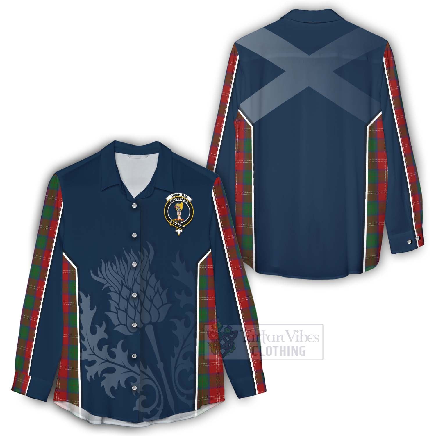 Tartan Vibes Clothing Chisholm Tartan Women's Casual Shirt with Family Crest and Scottish Thistle Vibes Sport Style