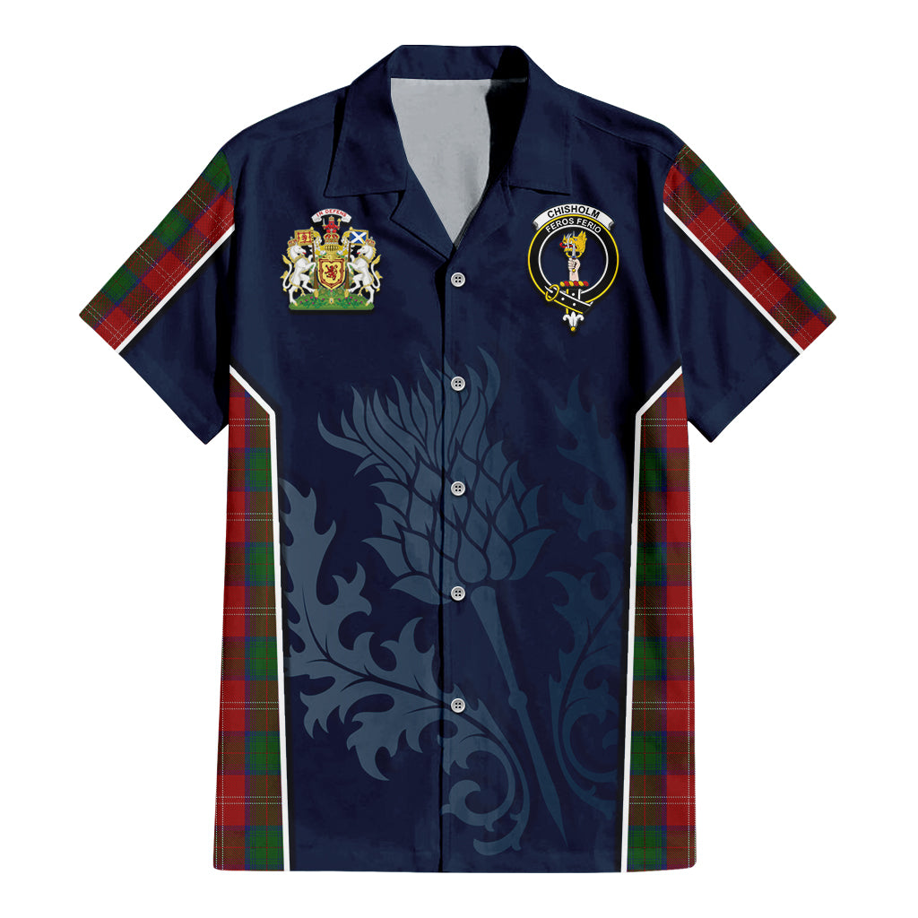 Tartan Vibes Clothing Chisholm Tartan Short Sleeve Button Up Shirt with Family Crest and Scottish Thistle Vibes Sport Style