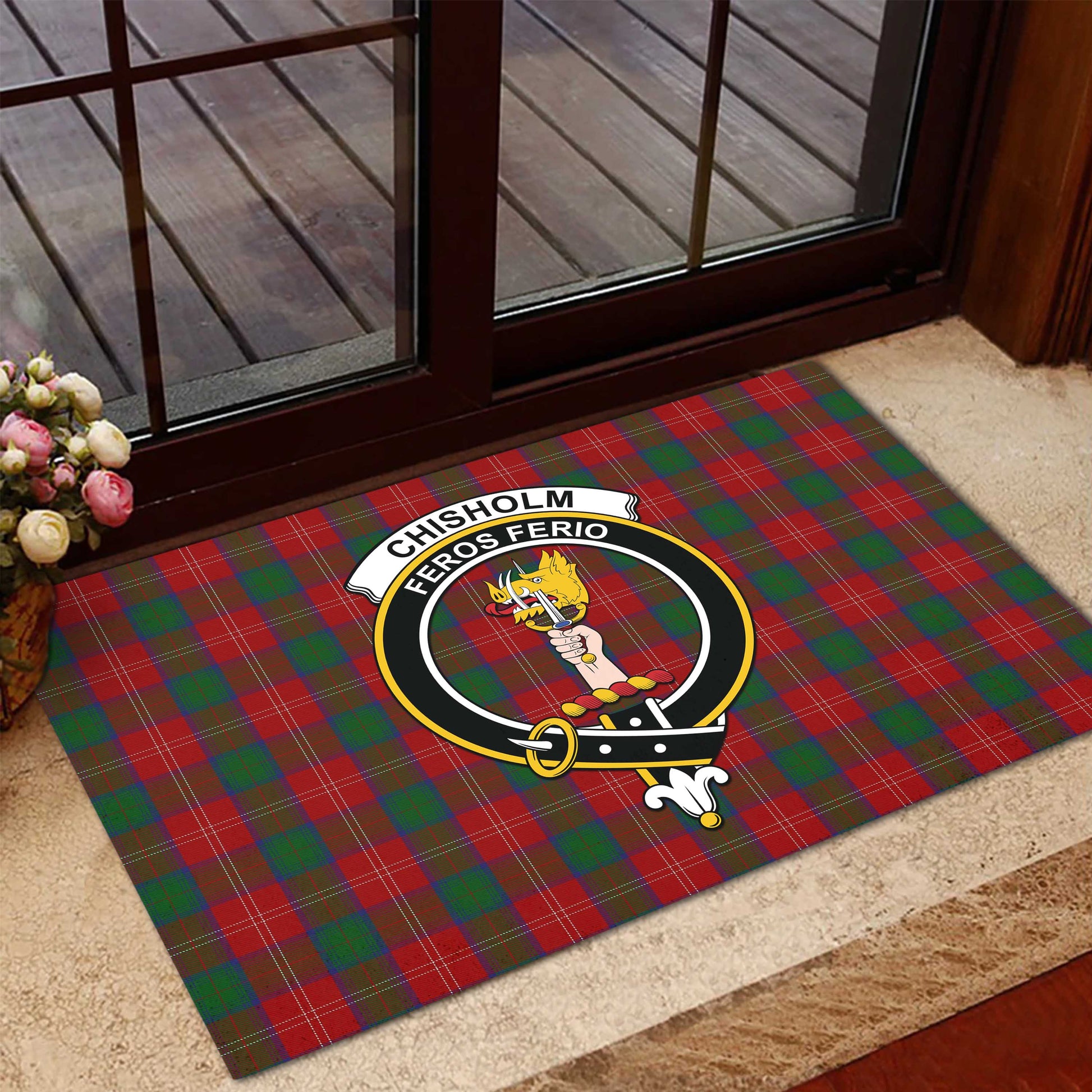 Chisholm Tartan Door Mat with Family Crest - Tartanvibesclothing