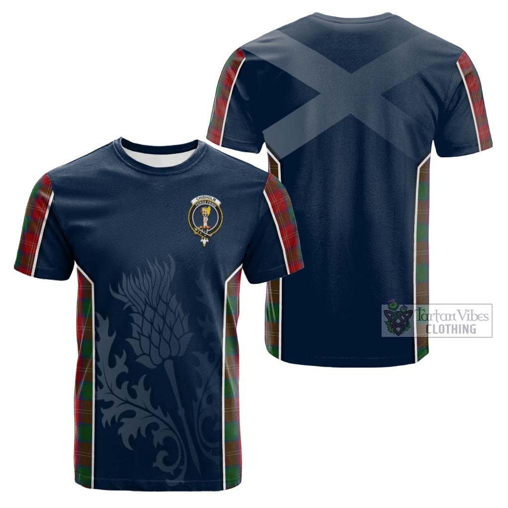 Tartan Vibes Clothing Chisholm Tartan Cotton T-shirt with Family Crest and Scottish Thistle Vibes Sport Style