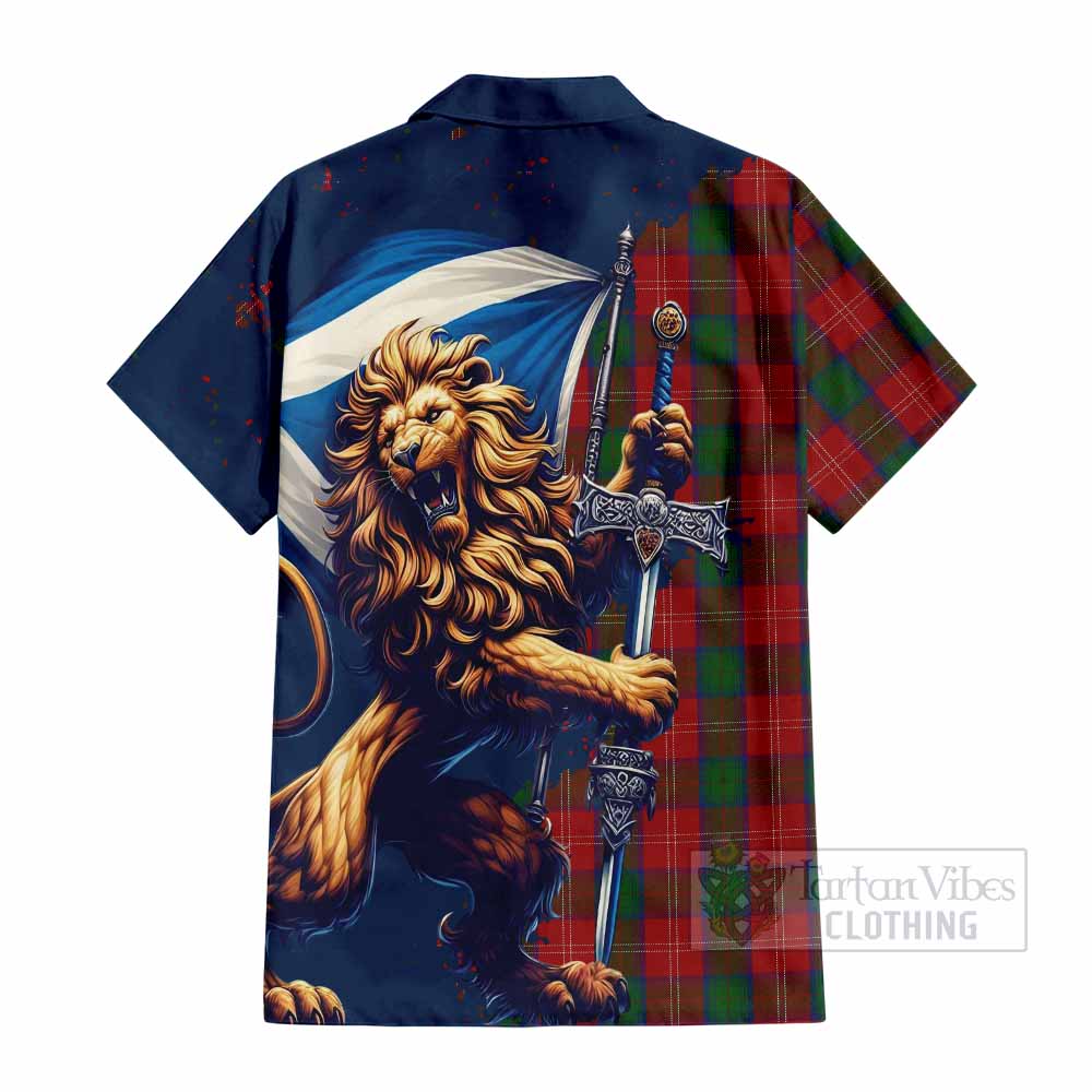 Tartan Vibes Clothing Chisholm Tartan Family Crest Short Sleeve Button Shirt with Scottish Majestic Lion