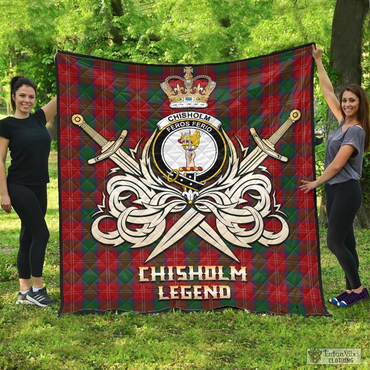 Tartan Vibes Clothing Chisholm Tartan Quilt with Clan Crest and the Golden Sword of Courageous Legacy