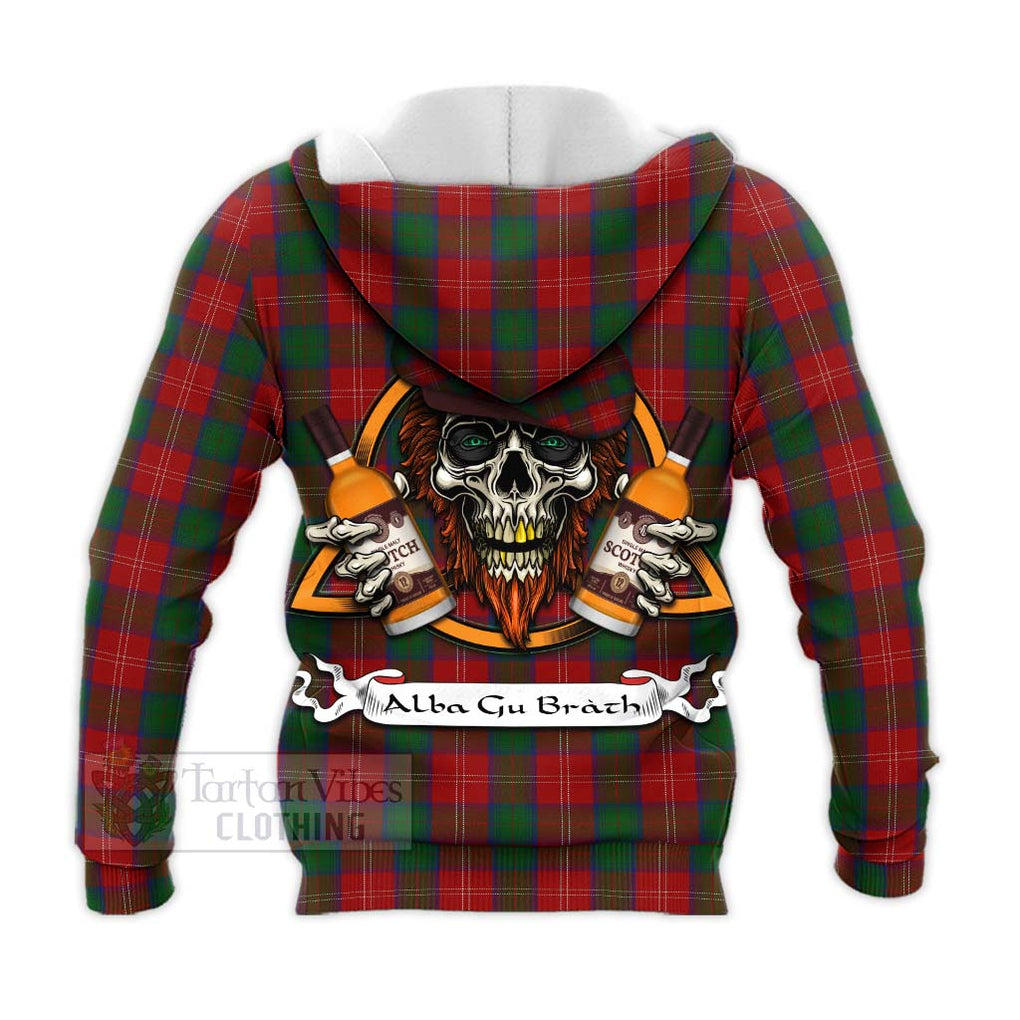 Tartan Vibes Clothing Chisholm Tartan Knitted Hoodie with Family Crest and Bearded Skull Holding Bottles of Whiskey