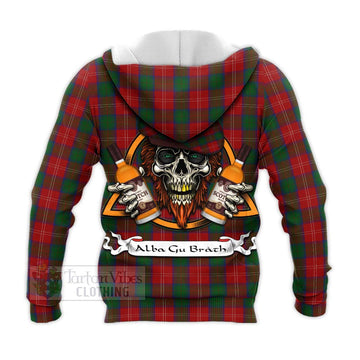 Chisholm Tartan Knitted Hoodie with Family Crest and Bearded Skull Holding Bottles of Whiskey