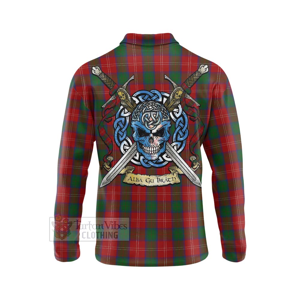 Tartan Vibes Clothing Chisholm Tartan Long Sleeve Polo Shirt with Family Crest Celtic Skull Style