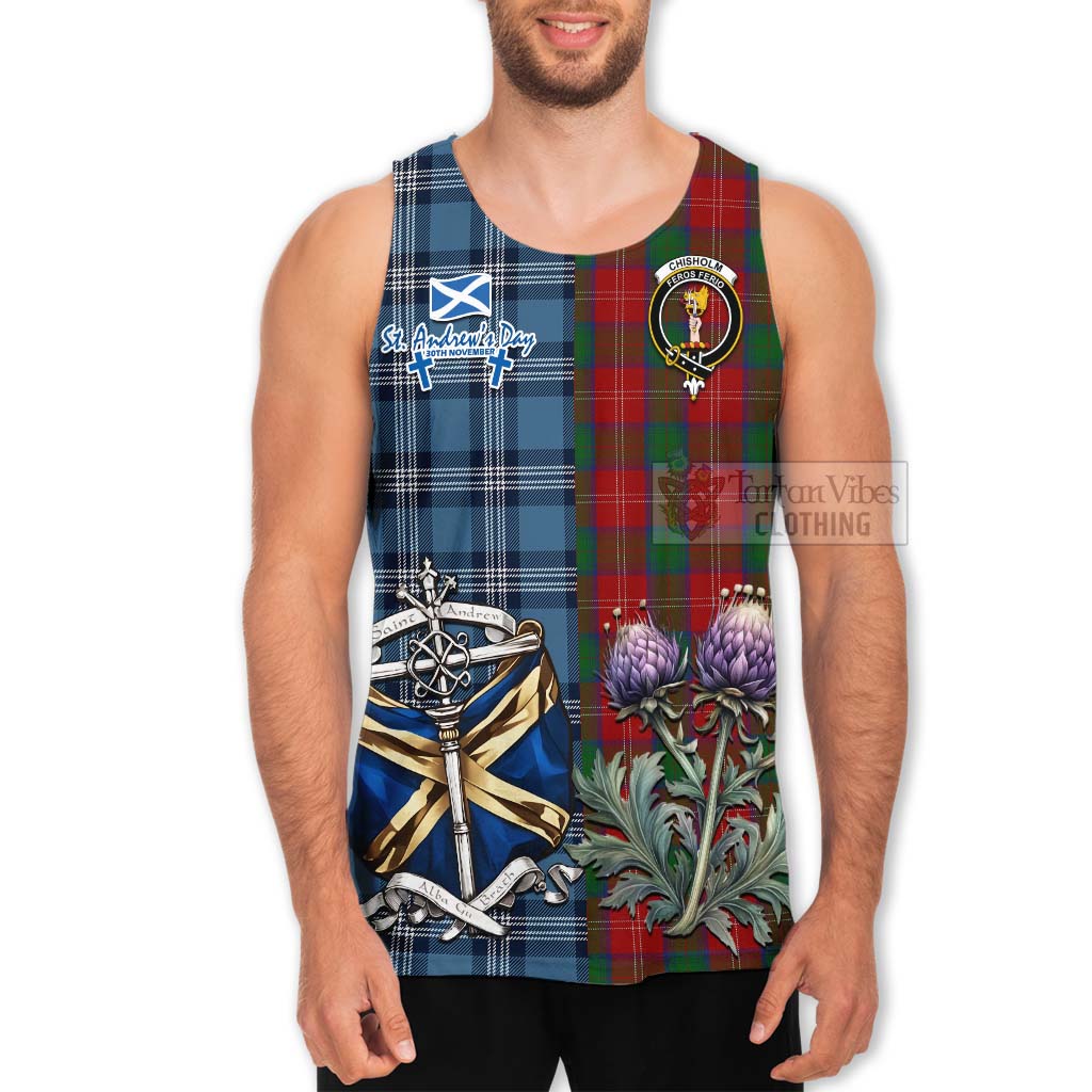 Tartan Vibes Clothing Chisholm Tartan Men's Tank Top Happy St. Andrew's Day Half Tartan Style