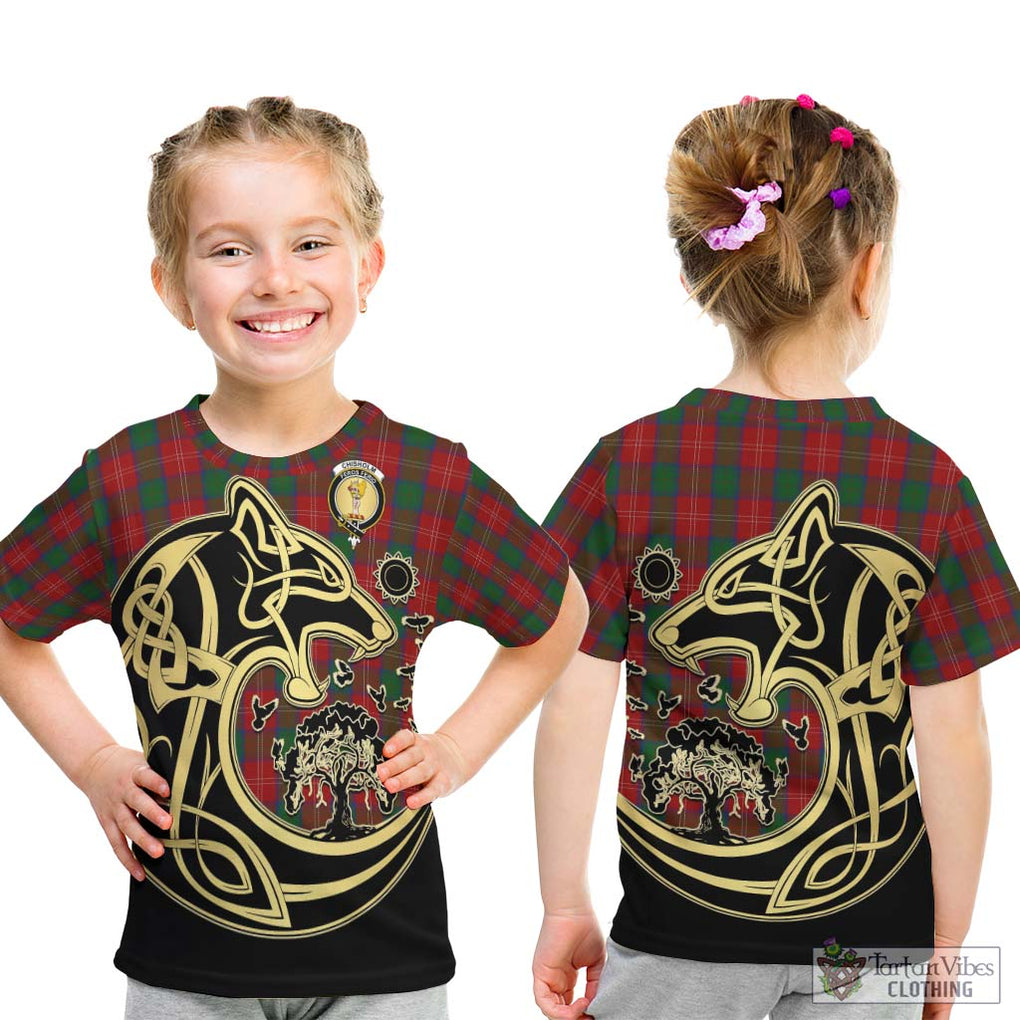 Chisholm Tartan Kid T-Shirt with Family Crest Celtic Wolf Style - Tartan Vibes Clothing