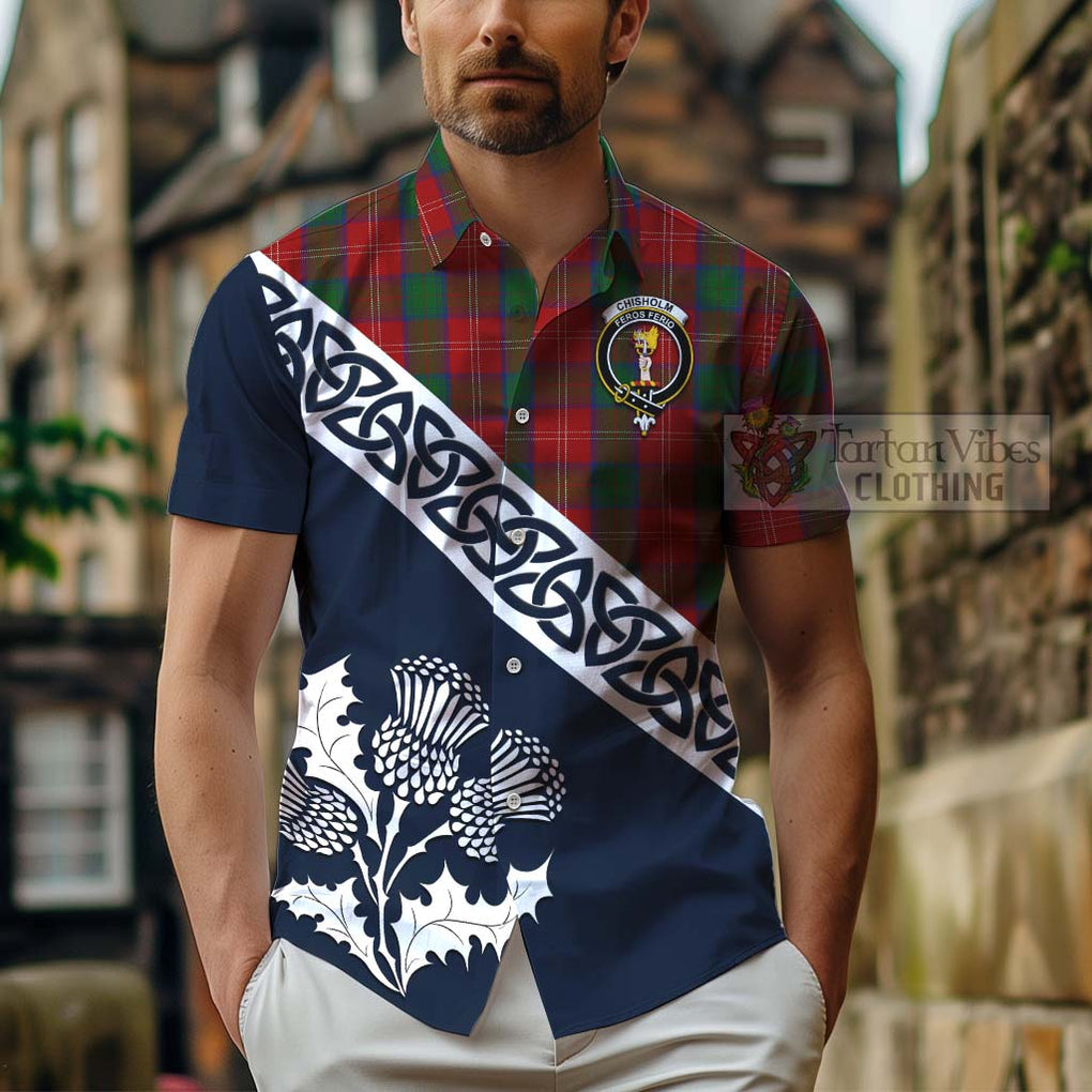 Tartan Vibes Clothing Chisholm Tartan Short Sleeve Button Shirt Featuring Thistle and Scotland Map