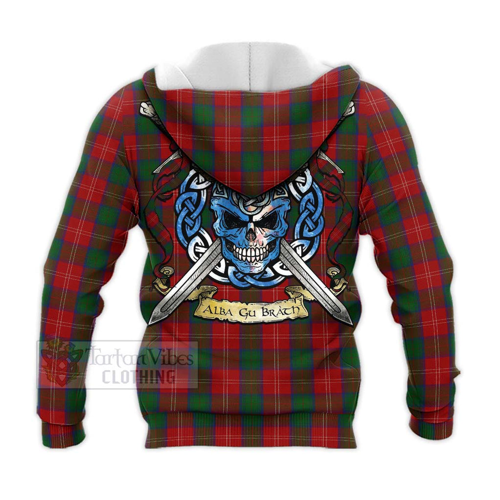 Tartan Vibes Clothing Chisholm Tartan Knitted Hoodie with Family Crest Celtic Skull Style