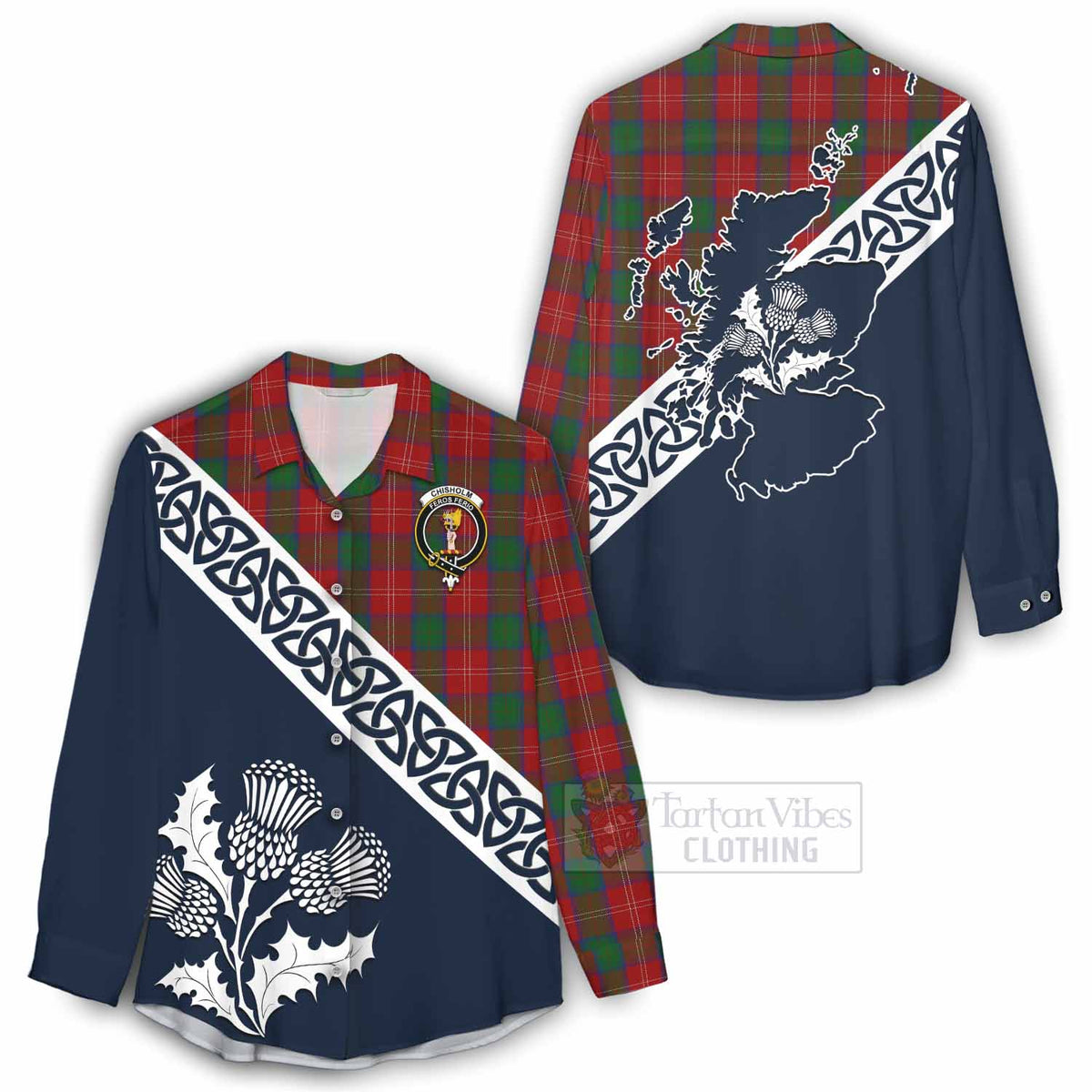 Chisholm Tartan Women's Casual Shirt Featuring Thistle and Scotland Map - Tartan Vibes Clothing