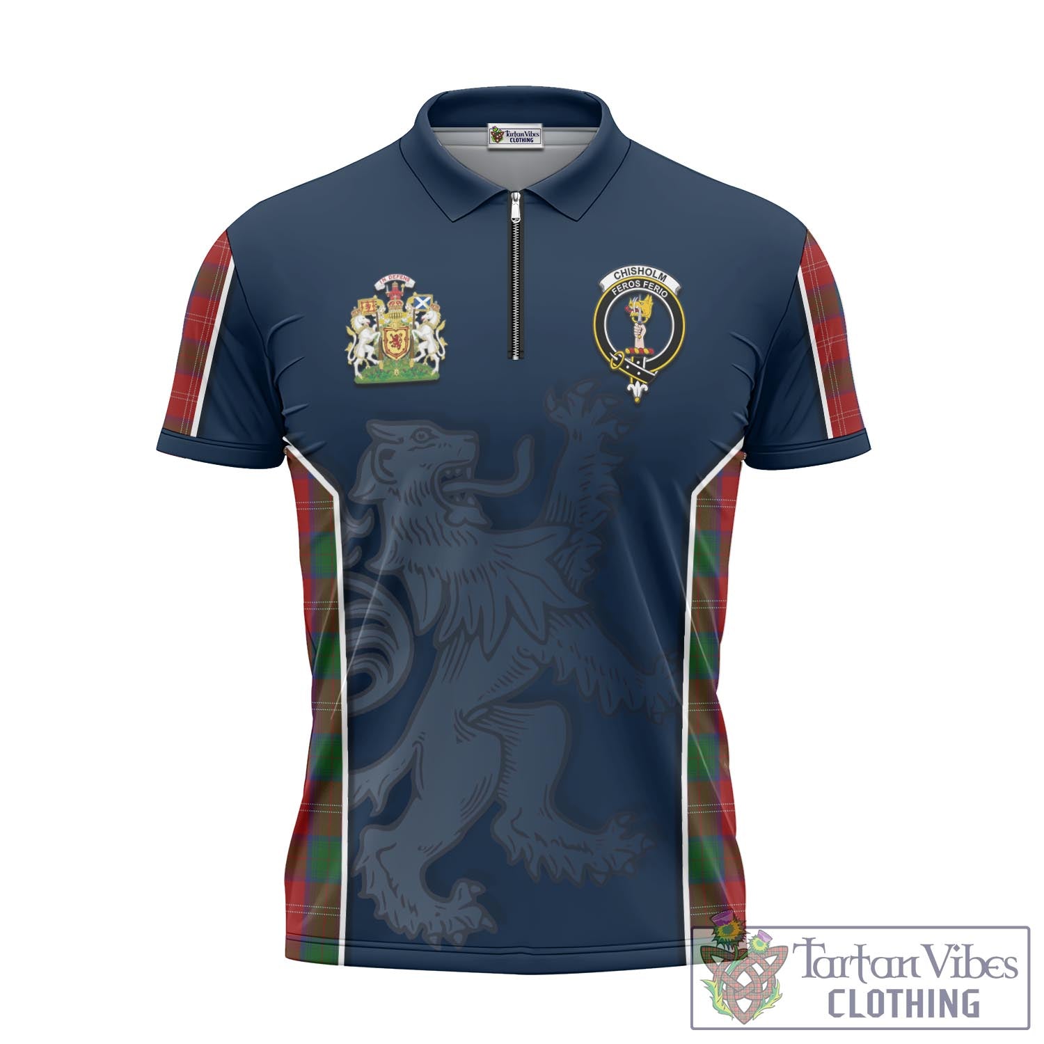 Tartan Vibes Clothing Chisholm Tartan Zipper Polo Shirt with Family Crest and Lion Rampant Vibes Sport Style