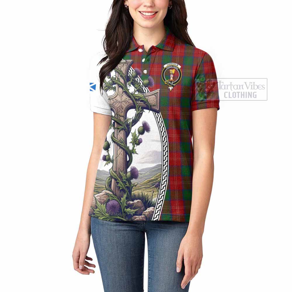 Tartan Vibes Clothing Chisholm Tartan Women's Polo Shirt with Family Crest and St. Andrew's Cross Accented by Thistle Vines