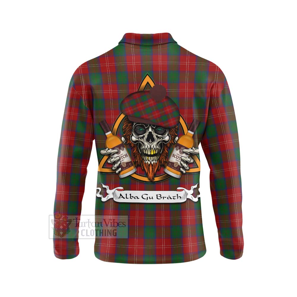 Tartan Vibes Clothing Chisholm Tartan Long Sleeve Polo Shirt with Family Crest and Bearded Skull Holding Bottles of Whiskey