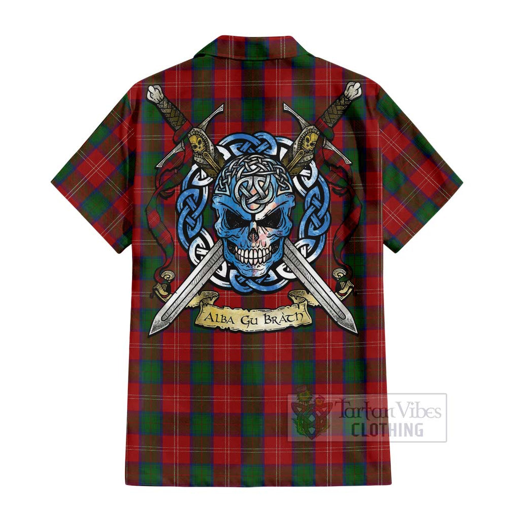 Tartan Vibes Clothing Chisholm Tartan Short Sleeve Button Shirt with Family Crest Celtic Skull Style