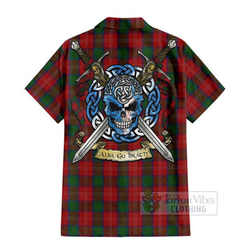 Chisholm Tartan Short Sleeve Button Shirt with Family Crest Celtic Skull Style