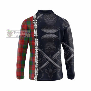 Chisholm Tartan Long Sleeve Polo Shirt with Family Crest Cross Sword Thistle Celtic Vibes