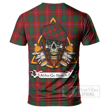 Chisholm Tartan T-Shirt with Family Crest and Bearded Skull Holding Bottles of Whiskey