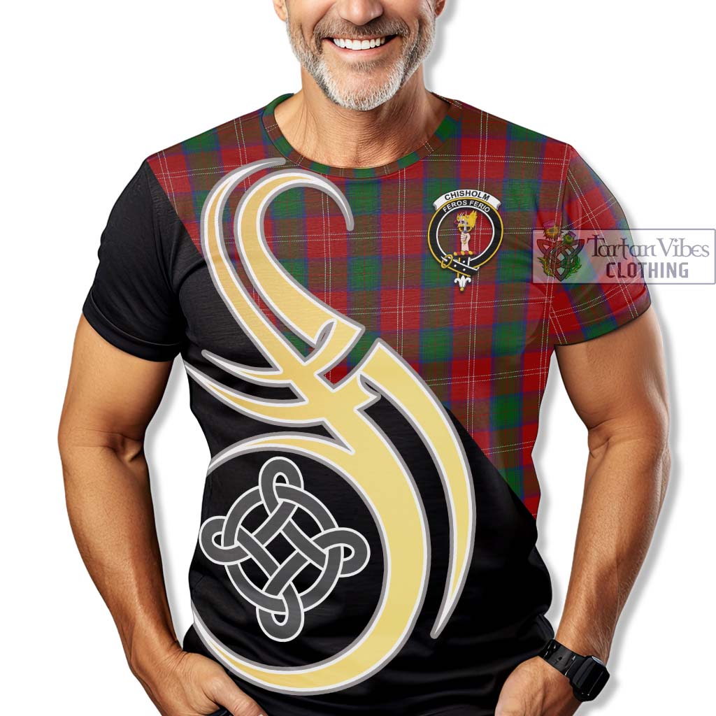 Tartan Vibes Clothing Chisholm Tartan T-Shirt with Family Crest and Celtic Symbol Style