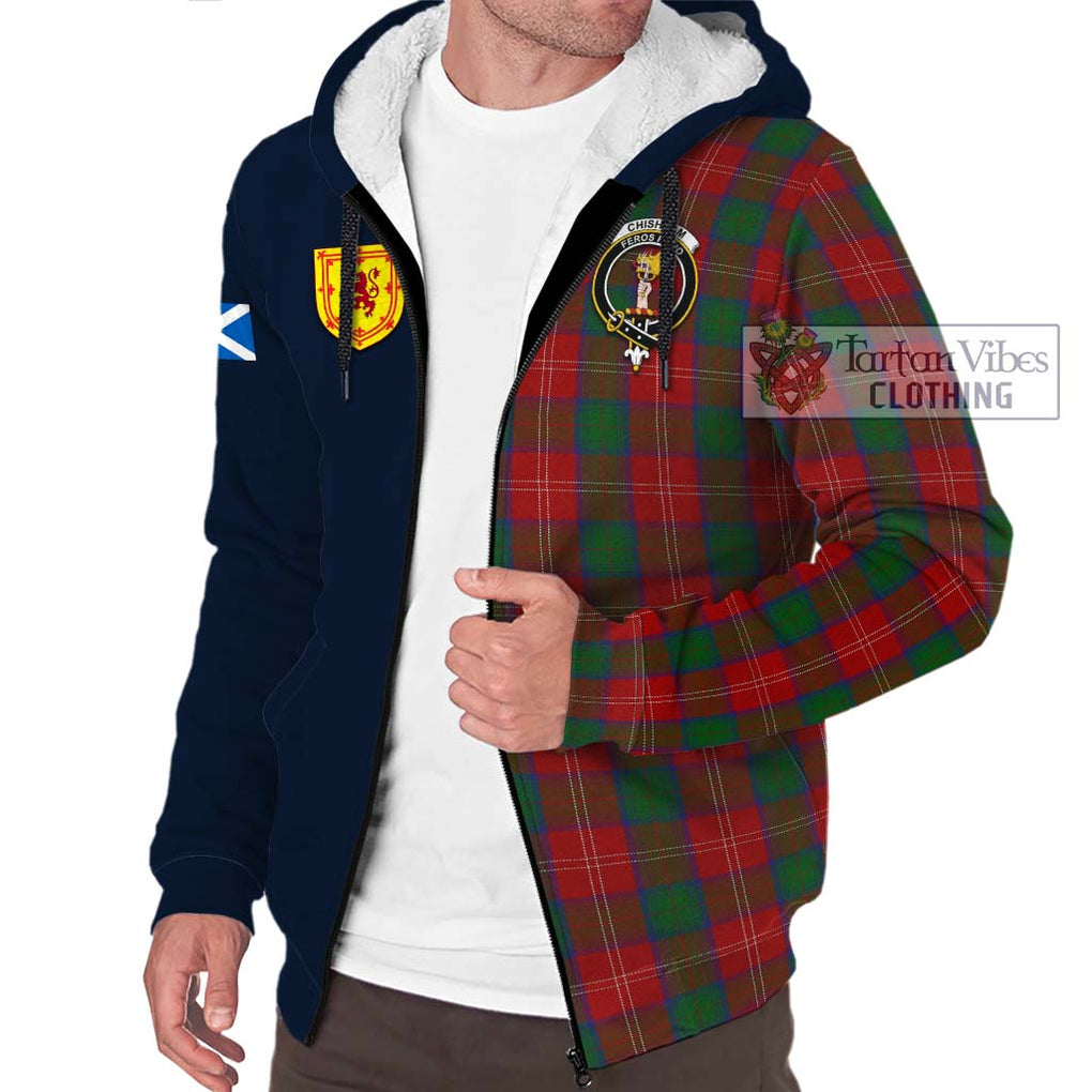 Tartan Vibes Clothing Chisholm Tartan Sherpa Hoodie with Scottish Lion Royal Arm Half Style