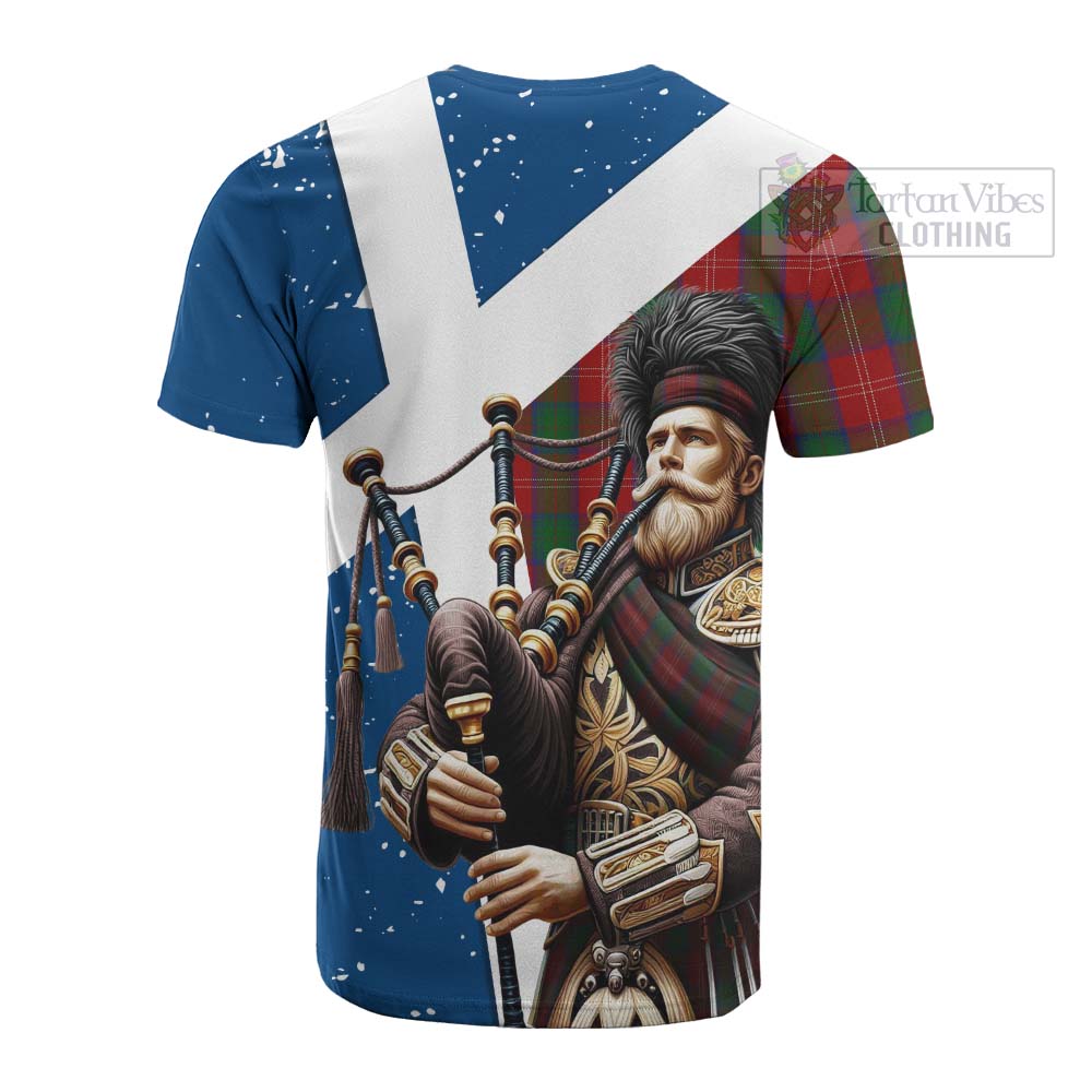 Tartan Vibes Clothing Chisholm Tartan Cotton T-shirt with Family Crest Scottish Bagpiper Vibes