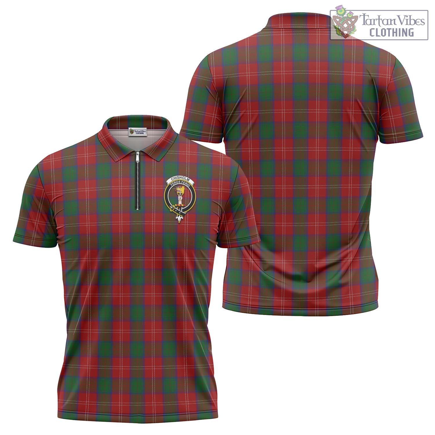 Tartan Vibes Clothing Chisholm Tartan Zipper Polo Shirt with Family Crest