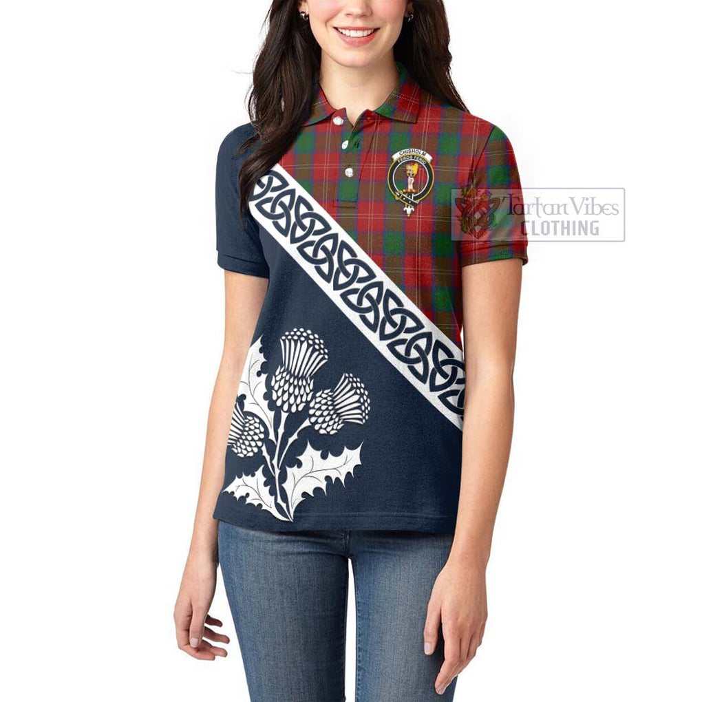 Tartan Vibes Clothing Chisholm Tartan Women's Polo Shirt Featuring Thistle and Scotland Map