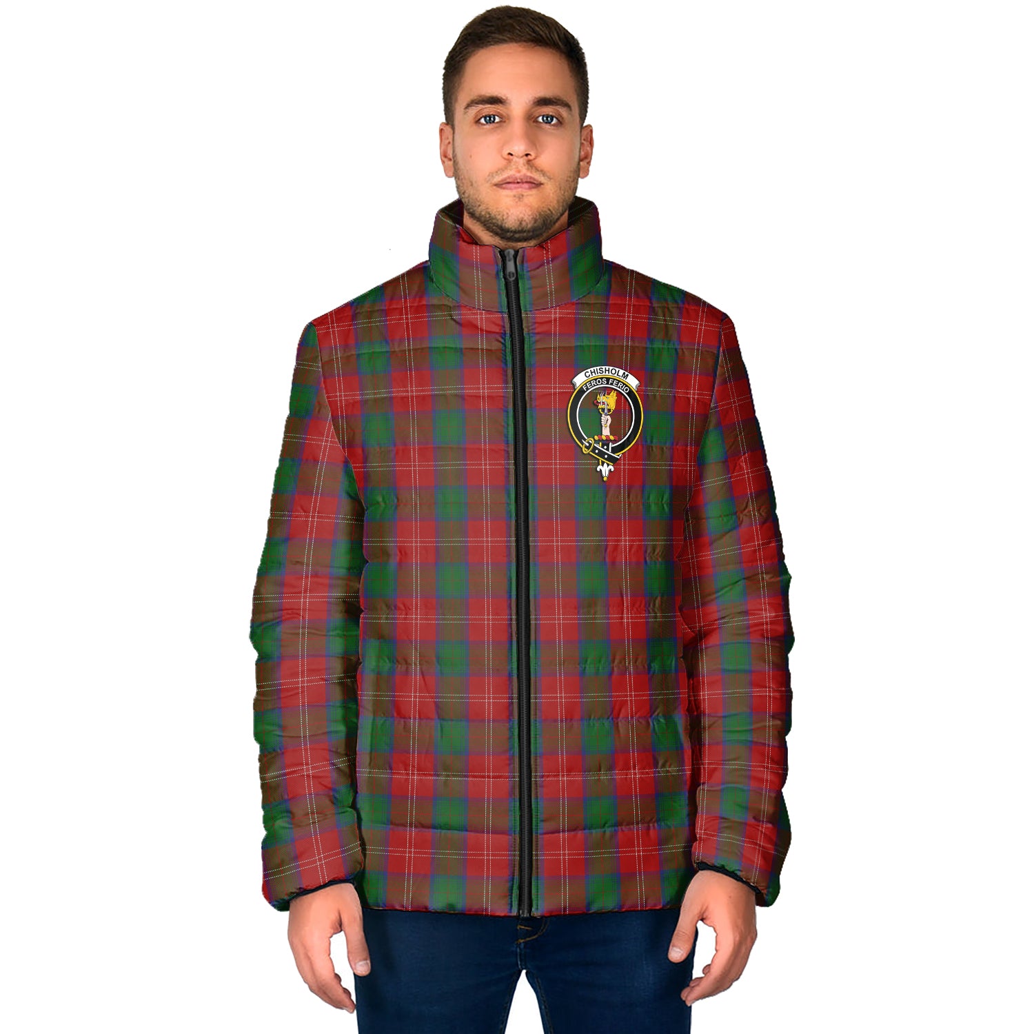 Chisholm Tartan Padded Jacket with Family Crest - Tartan Vibes Clothing