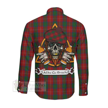 Chisholm Tartan Long Sleeve Button Shirt with Family Crest and Bearded Skull Holding Bottles of Whiskey