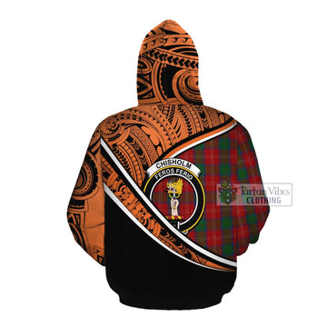 Chisholm Crest Tartan Cotton Hoodie with Polynesian Vibes Style - Orange Version