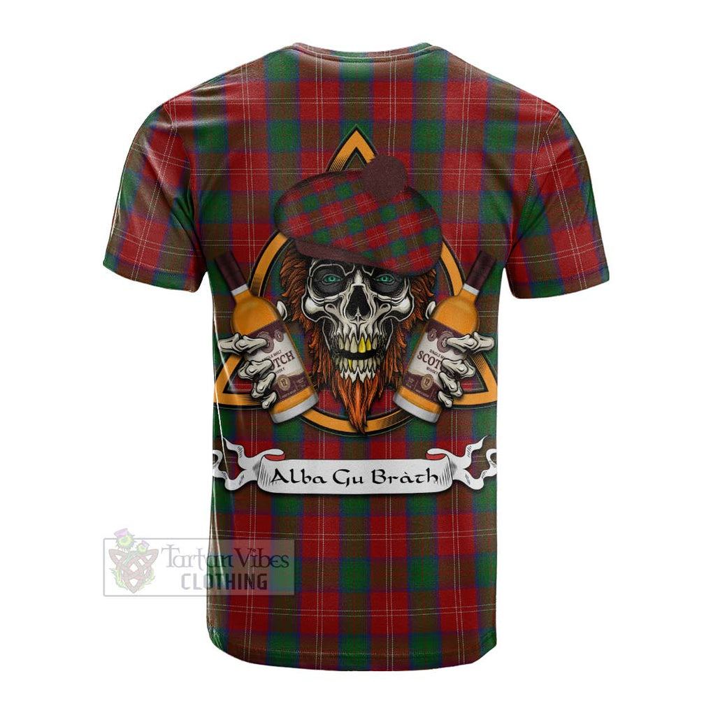 Tartan Vibes Clothing Chisholm Tartan Cotton T-shirt with Family Crest and Bearded Skull Holding Bottles of Whiskey