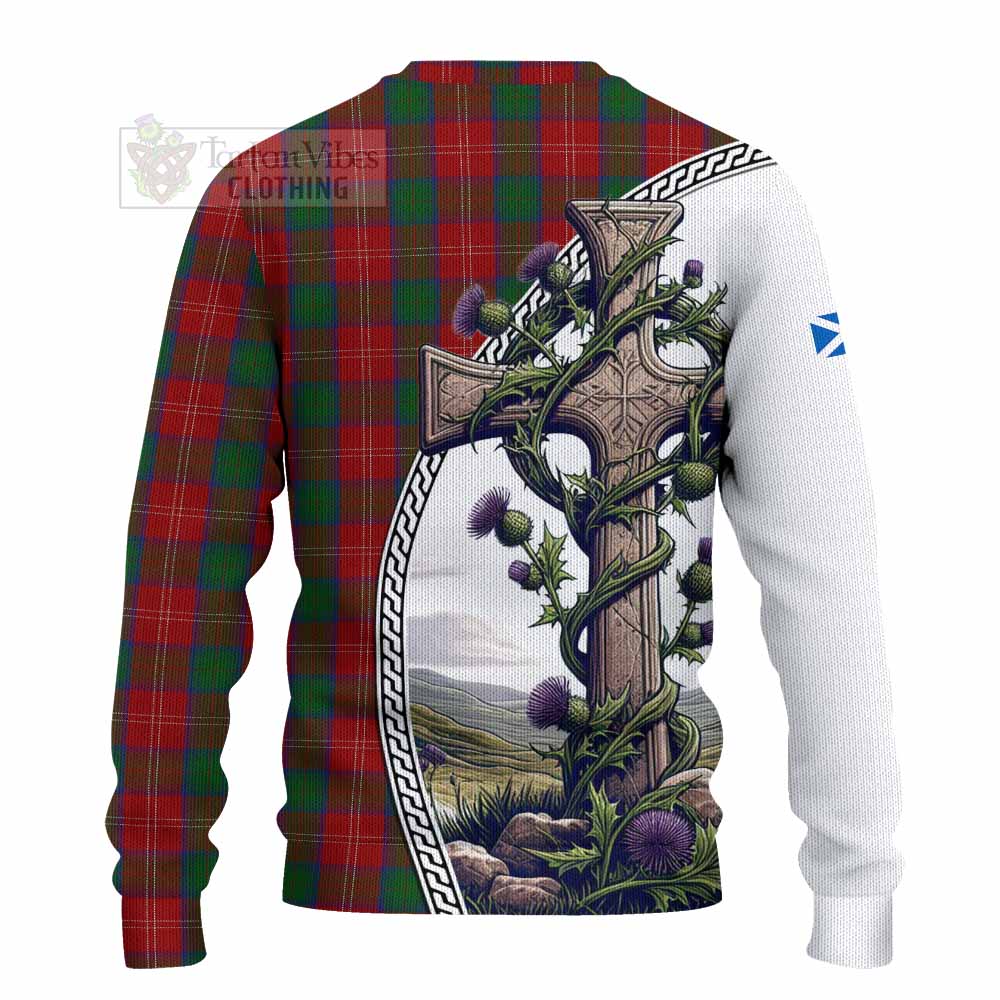 Tartan Vibes Clothing Chisholm Tartan Knitted Sweater with Family Crest and St. Andrew's Cross Accented by Thistle Vines