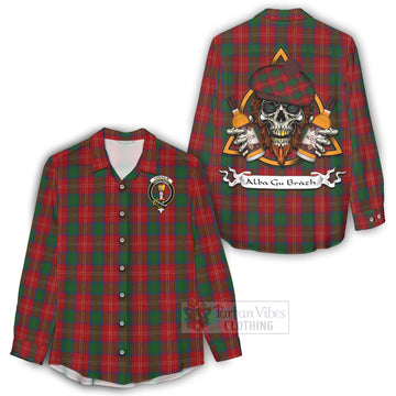 Chisholm Tartan Women's Casual Shirt with Family Crest and Bearded Skull Holding Bottles of Whiskey