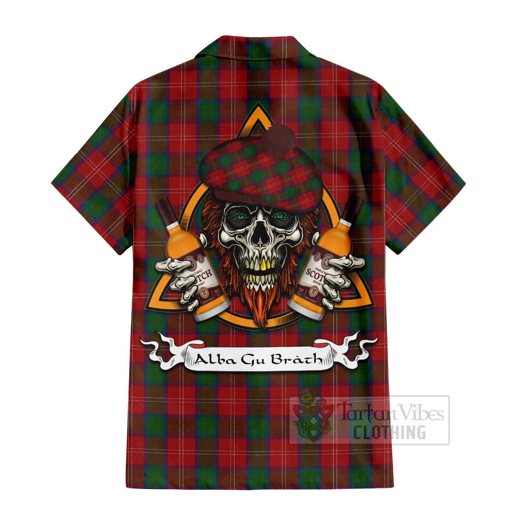 Tartan Vibes Clothing Chisholm Tartan Short Sleeve Button Shirt with Family Crest and Bearded Skull Holding Bottles of Whiskey