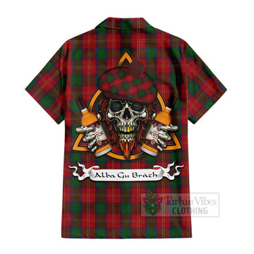 Chisholm Tartan Short Sleeve Button Shirt with Family Crest and Bearded Skull Holding Bottles of Whiskey