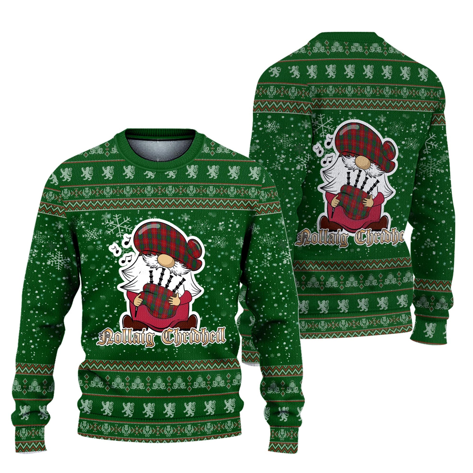 Chisholm Clan Christmas Family Knitted Sweater with Funny Gnome Playing Bagpipes Unisex Green - Tartanvibesclothing