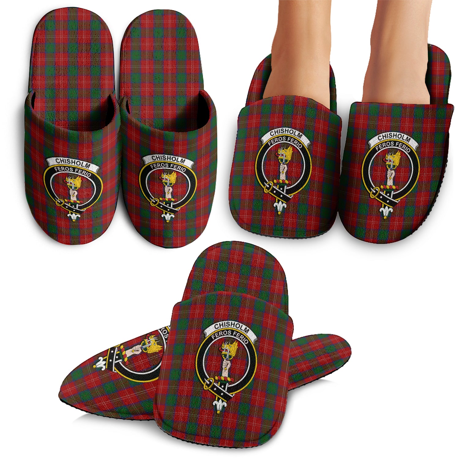 Chisholm Tartan Home Slippers with Family Crest - Tartanvibesclothing