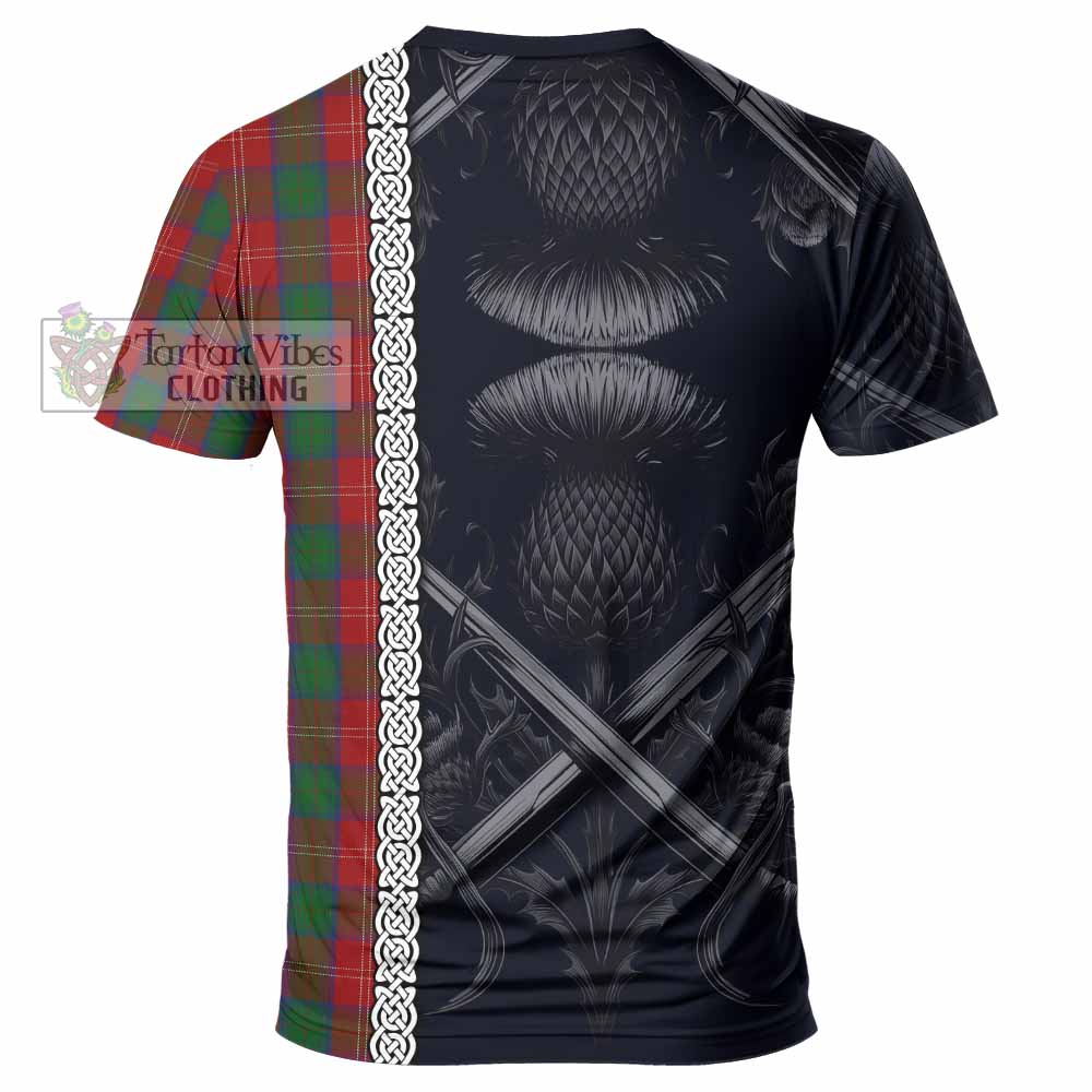 Tartan Vibes Clothing Chisholm Tartan T-Shirt with Family Crest Cross Sword Thistle Celtic Vibes