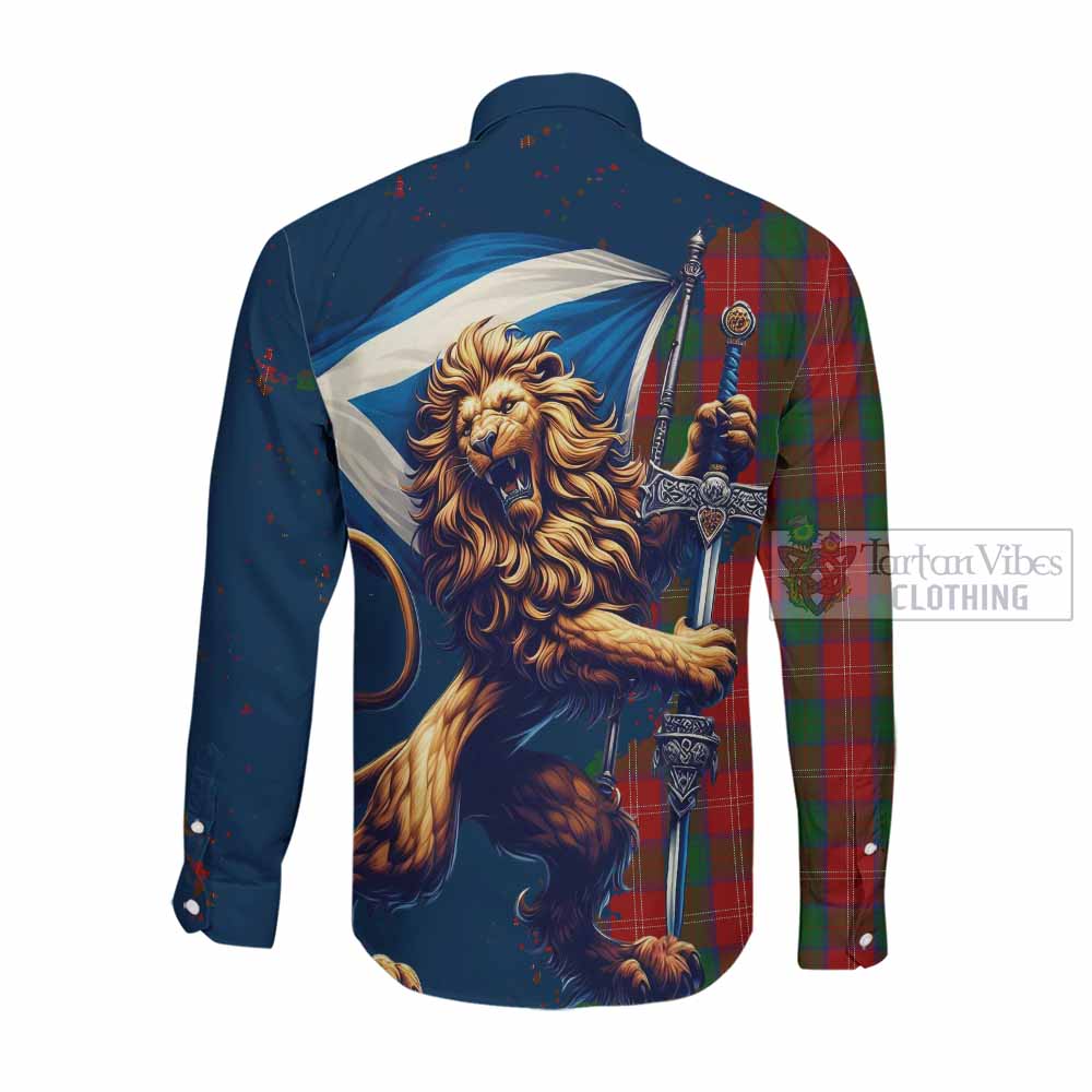 Tartan Vibes Clothing Chisholm Tartan Family Crest Long Sleeve Button Shirt with Scottish Majestic Lion