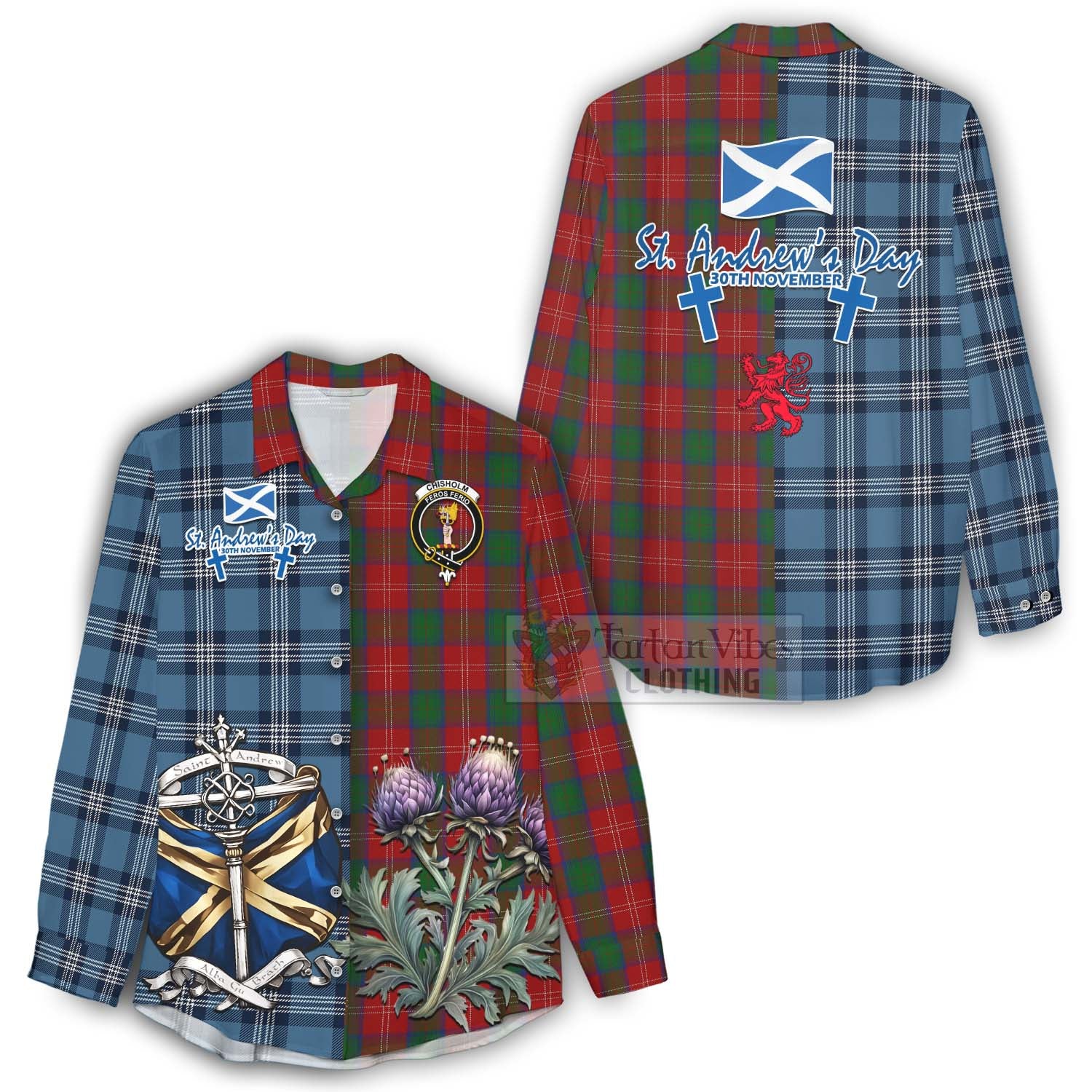 Tartan Vibes Clothing Chisholm Tartan Women's Casual Shirt Happy St. Andrew's Day Half Tartan Style