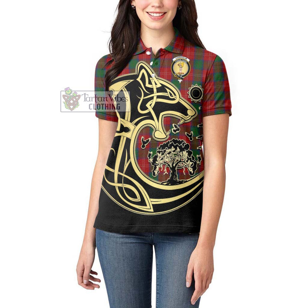 Chisholm Tartan Women's Polo Shirt with Family Crest Celtic Wolf Style - Tartanvibesclothing Shop