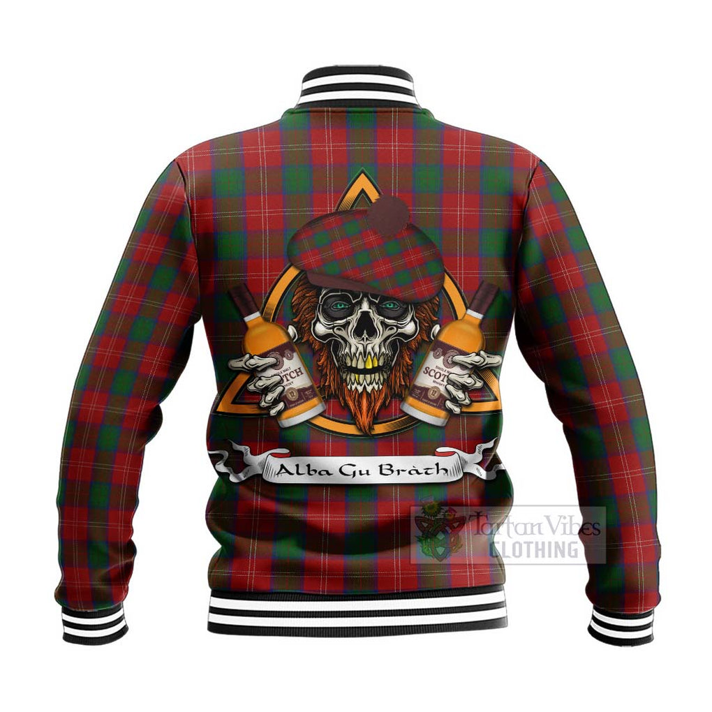 Tartan Vibes Clothing Chisholm Tartan Baseball Jacket with Family Crest and Bearded Skull Holding Bottles of Whiskey