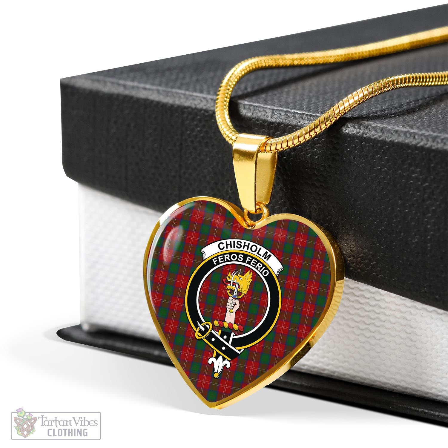 Tartan Vibes Clothing Chisholm Tartan Heart Necklace with Family Crest