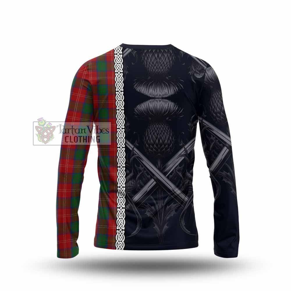 Tartan Vibes Clothing Chisholm Tartan Long Sleeve T-Shirt with Family Crest Cross Sword Thistle Celtic Vibes