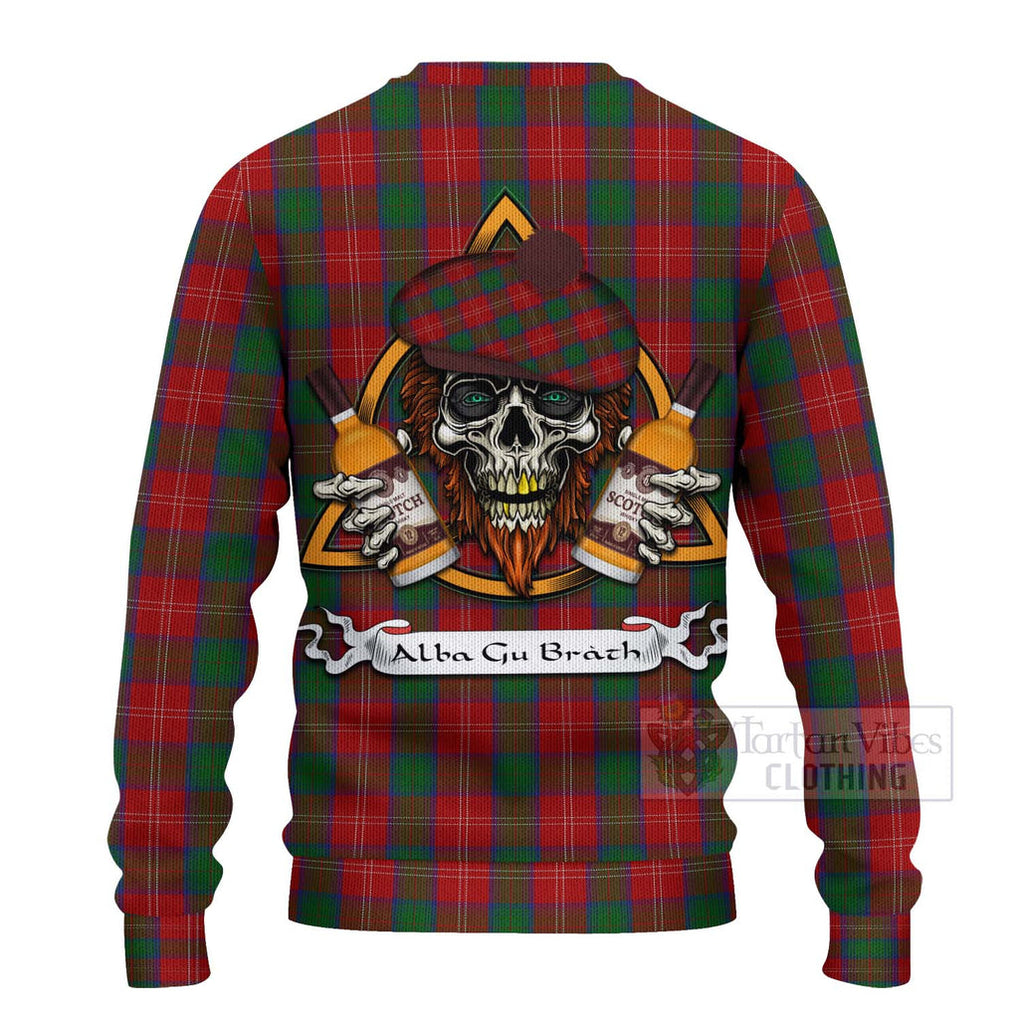 Tartan Vibes Clothing Chisholm Tartan Knitted Sweater with Family Crest and Bearded Skull Holding Bottles of Whiskey