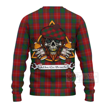 Chisholm Tartan Ugly Sweater with Family Crest and Bearded Skull Holding Bottles of Whiskey