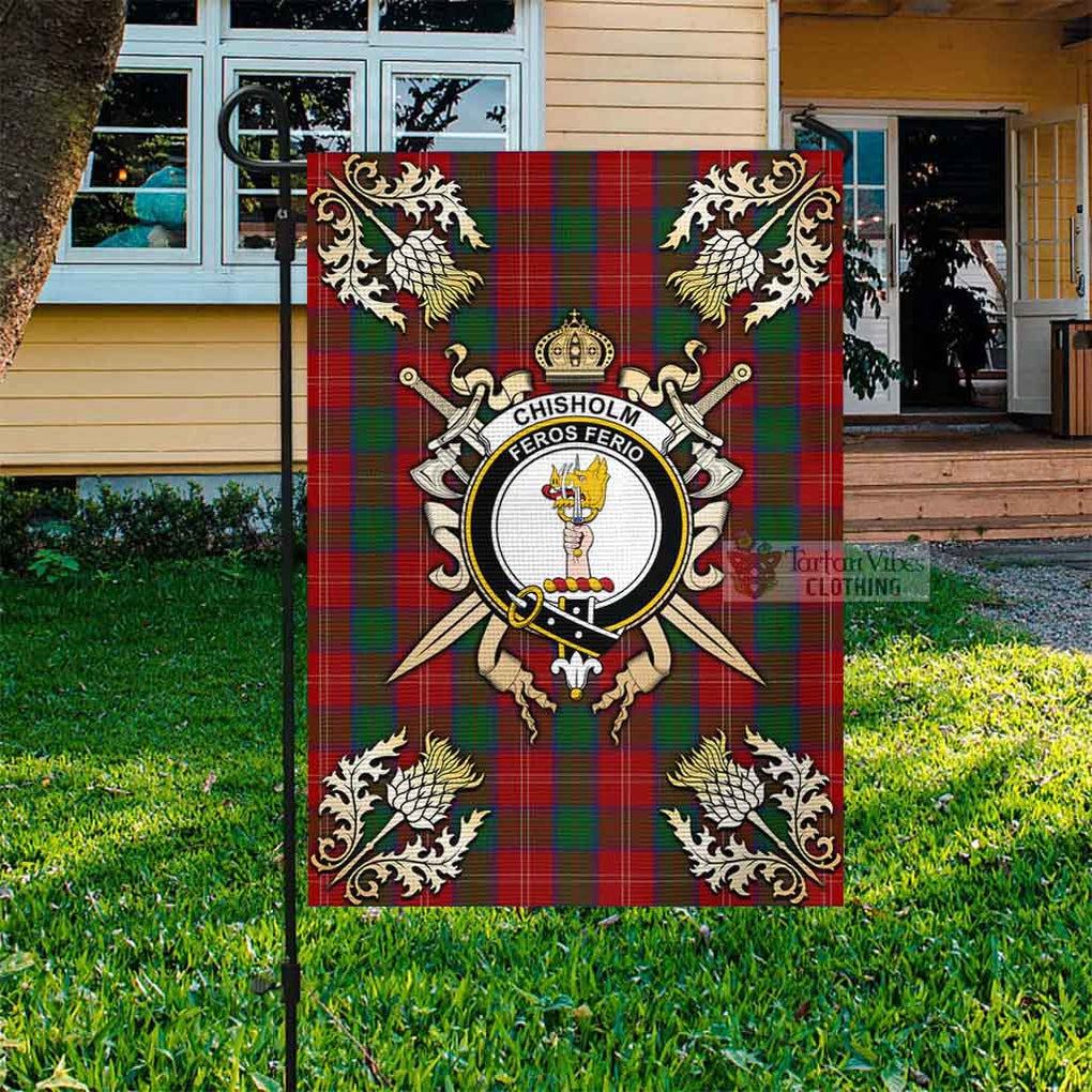 Tartan Vibes Clothing Chisholm Tartan Flag with Family Crest and Golden Thistle Crossed Sword Design